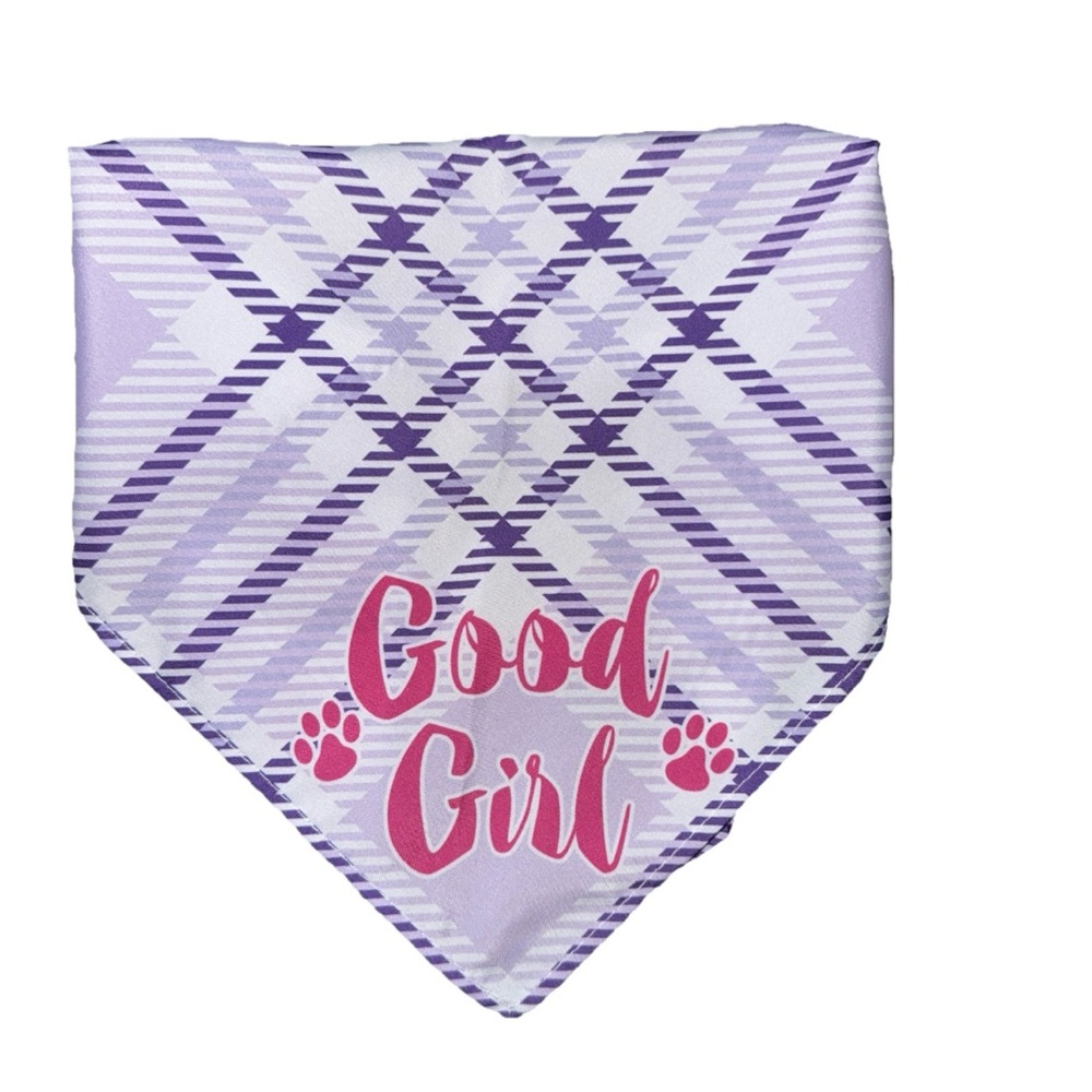 Pet Bandana Light Purple Plaid with Caption "Good Girl" Pink Script OS